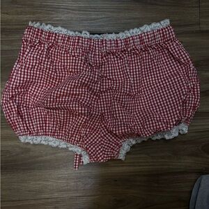 Red Checkered bloomer Shorts with Lace Trim and stretchy waist